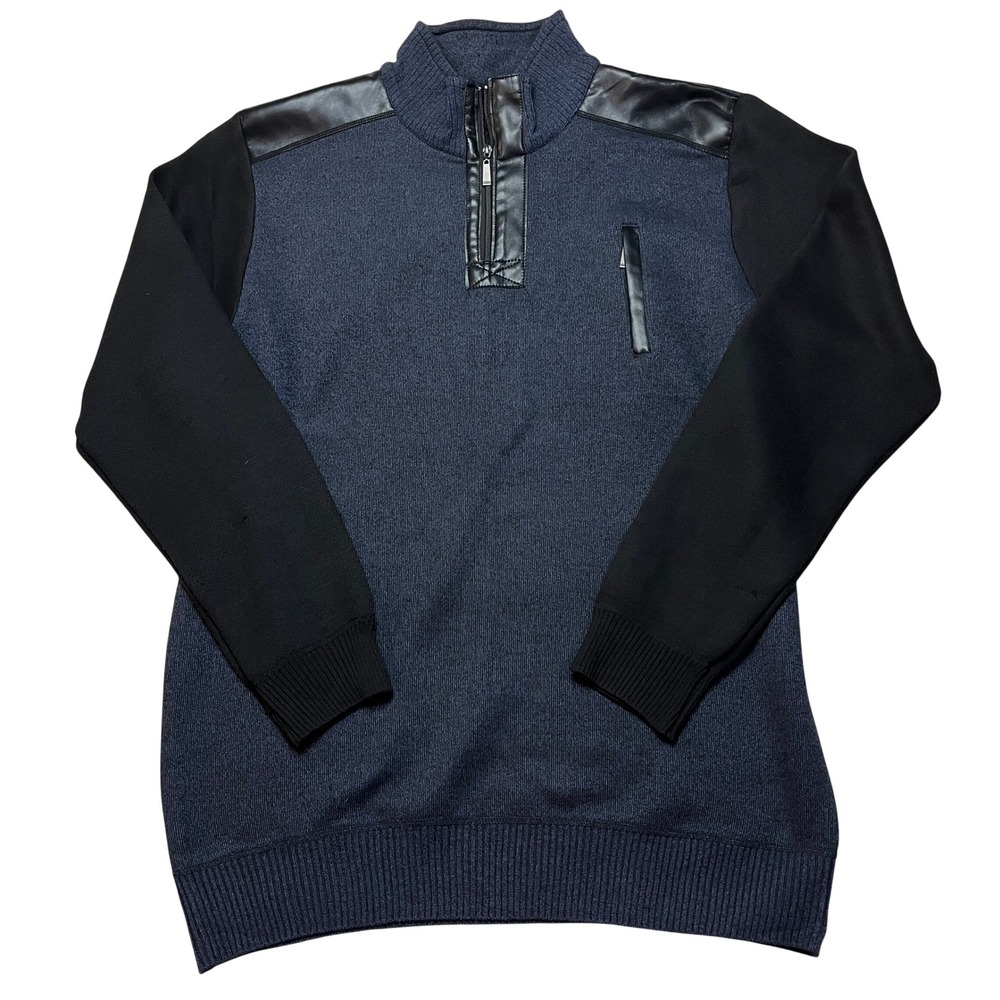 Silver Needle Sweater Mens XL Blue Quarter Zip Faux Leather Trim Mock Neck 6572